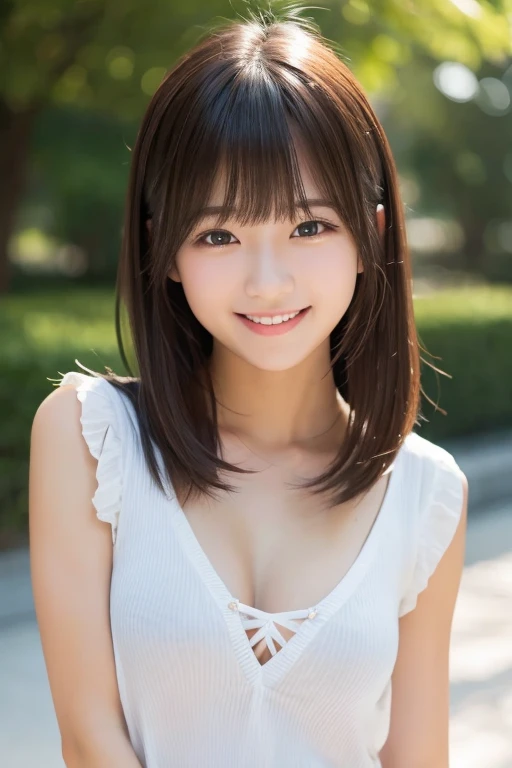 One girl, solo, chest, smile, bangs, quality, 