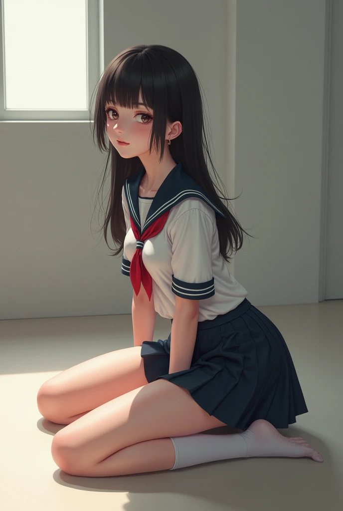 Wearing JK&#39;s Nasitan。；Spread your legs。Lift up your skirt。Squatting on the ground。