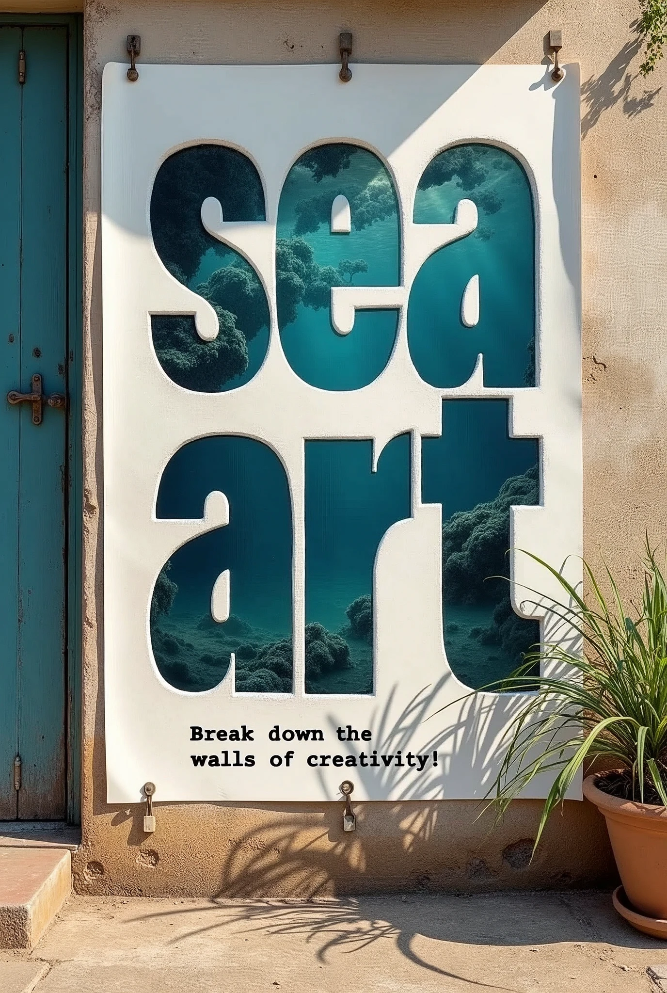 A poster on a deserted exterior wall, Cut into the shape of letters, (text:"sea art") The word, Big Bold, Draw inside the cutout, BREAK Art that inspires creators to create images, An aesthetic world that unfolds behind the characters, Creating a sense of depth that draws you in, Add BREAK text, (Add text to the bottom of the screen, (text:"Break down the walls of creativity!"))