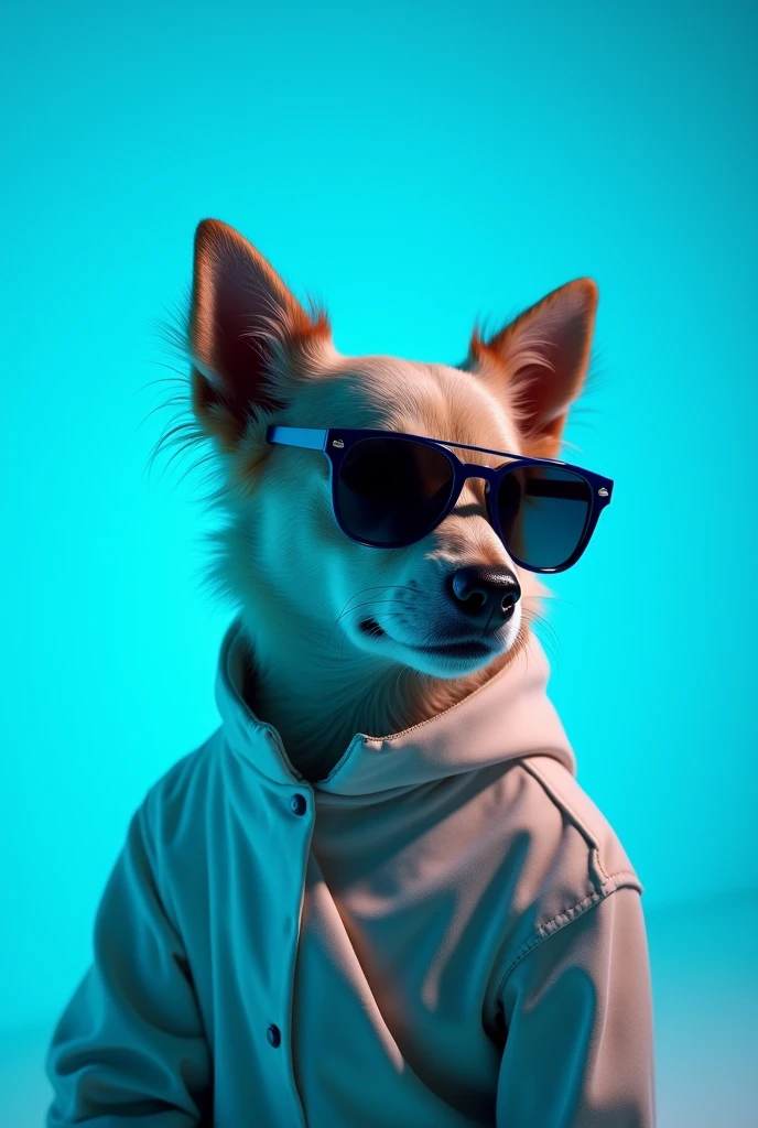 The best cell phone wallpaper, Award-Winning Wallpaper, portrait photography, In the front view is a portrait of a cute dog wearing mid-1960s space age fashion, Side view photo, Shot with Canon EOS R5, Set a strong contrast that accentuates the subject, Fluorescent blue tone, Wearing a very modern coat and sunglasses is a modern 1960s style, Clothes all in one color, beautiful background