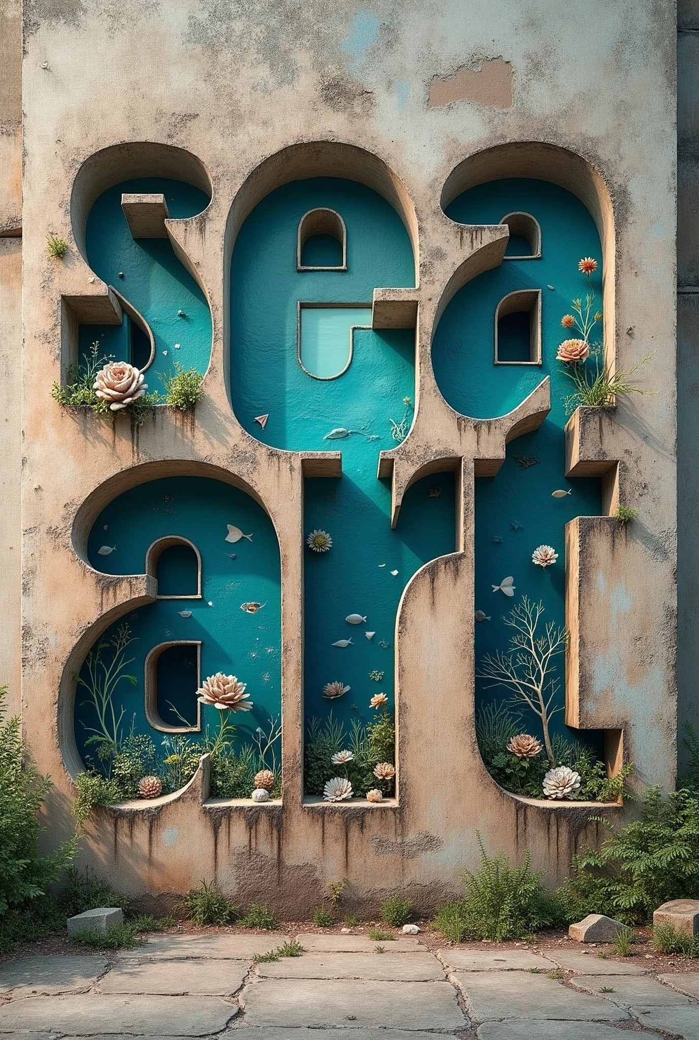 A poster on a deserted exterior wall, Cut into the shape of letters, (text:"sea art") The word, Big Bold, Draw inside the cutout, BREAK Art that inspires creators to create images, An aesthetic world that unfolds behind the characters, Creating a sense of depth that draws you in, BREAK (Add text to the bottom of the screen, (text:"Break down the walls of creativity!"))