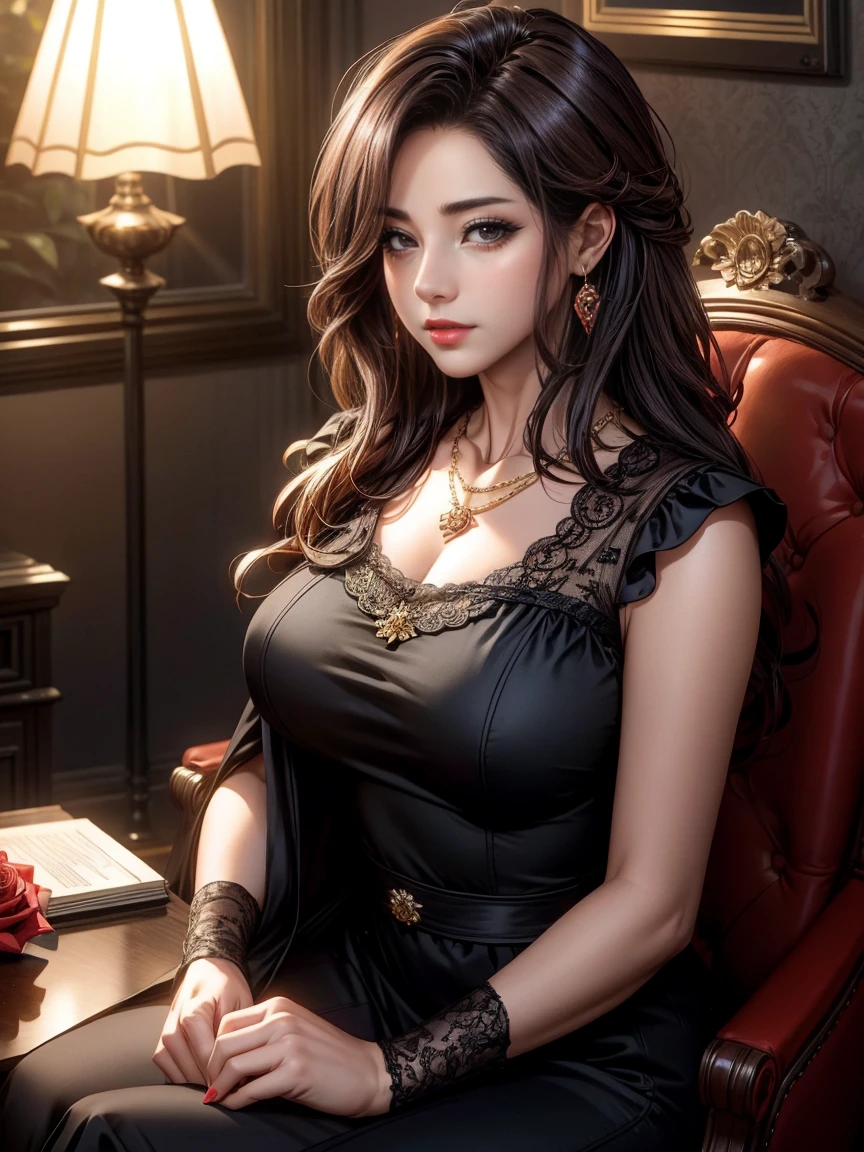 (Very detailed CG ユニット 8k 壁紙, masterpiece, Highest quality, Very detailed), (Best lighting, Best Shadow), 45 year old Spanish woman, mature, Square face, She is wearing a single red rose on her necklace, Wearing a black dress with red lace, Gold earrings, Maria Padilla-like traits, (Very detailed肌: 1.2), Light medium brown loose hair