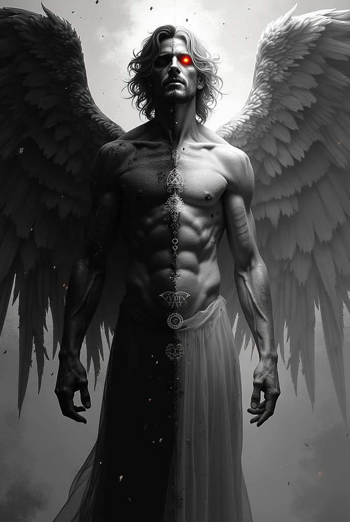Lucifer with one black eye and one fiery eye , black and white divided bodies with alchemist symbols
