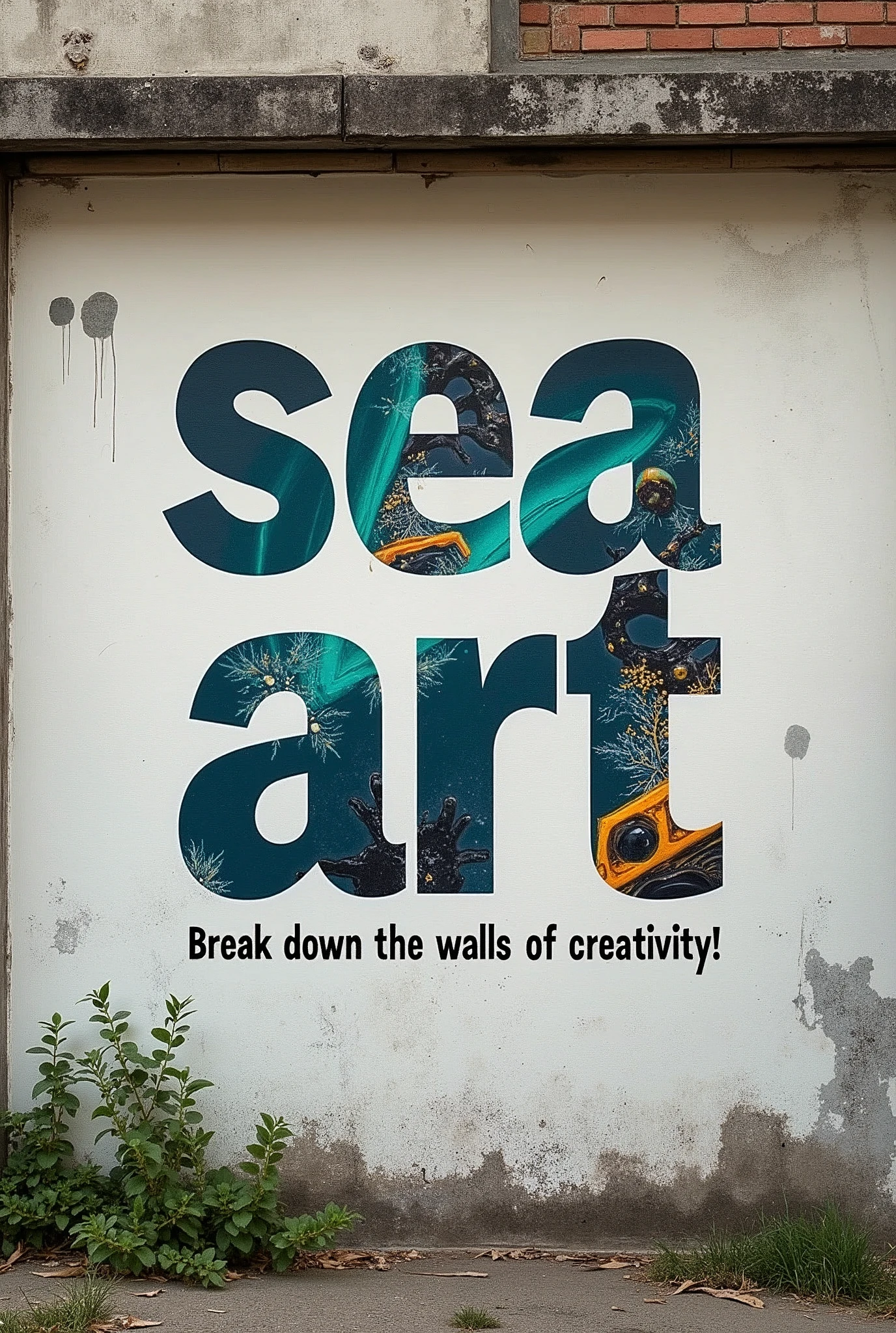 A poster on a deserted exterior wall, Seamless Integration, Cut into the shape of letters, (text:"sea art") The word, Draw inside the cutout, BREAK Art that inspires creators to create images, BREAK Add text to the bottom of the screen, (text:"Break down the walls of creativity!")