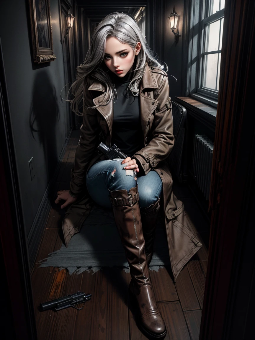 (Suspense Scene ((Concept Art)), Highly detailed image of a girl in jeans and a brown coat and boots), (Better lighting, Better Shadows, Very delicate and scary), (Digital Illustration), ((4K Painting)), [(Dynamic Angle,((One girl)),Gray Hair, (Beautiful Face, Perfect Face, Scared,) Expressions of fear, Torn clothes, Holding a gun in your hand, Sitting on the floor, darkness, Scary House),  [:(dark, mysterious, Game Paint, An ominous setting, Jagged Hallway, Big House, silence):]