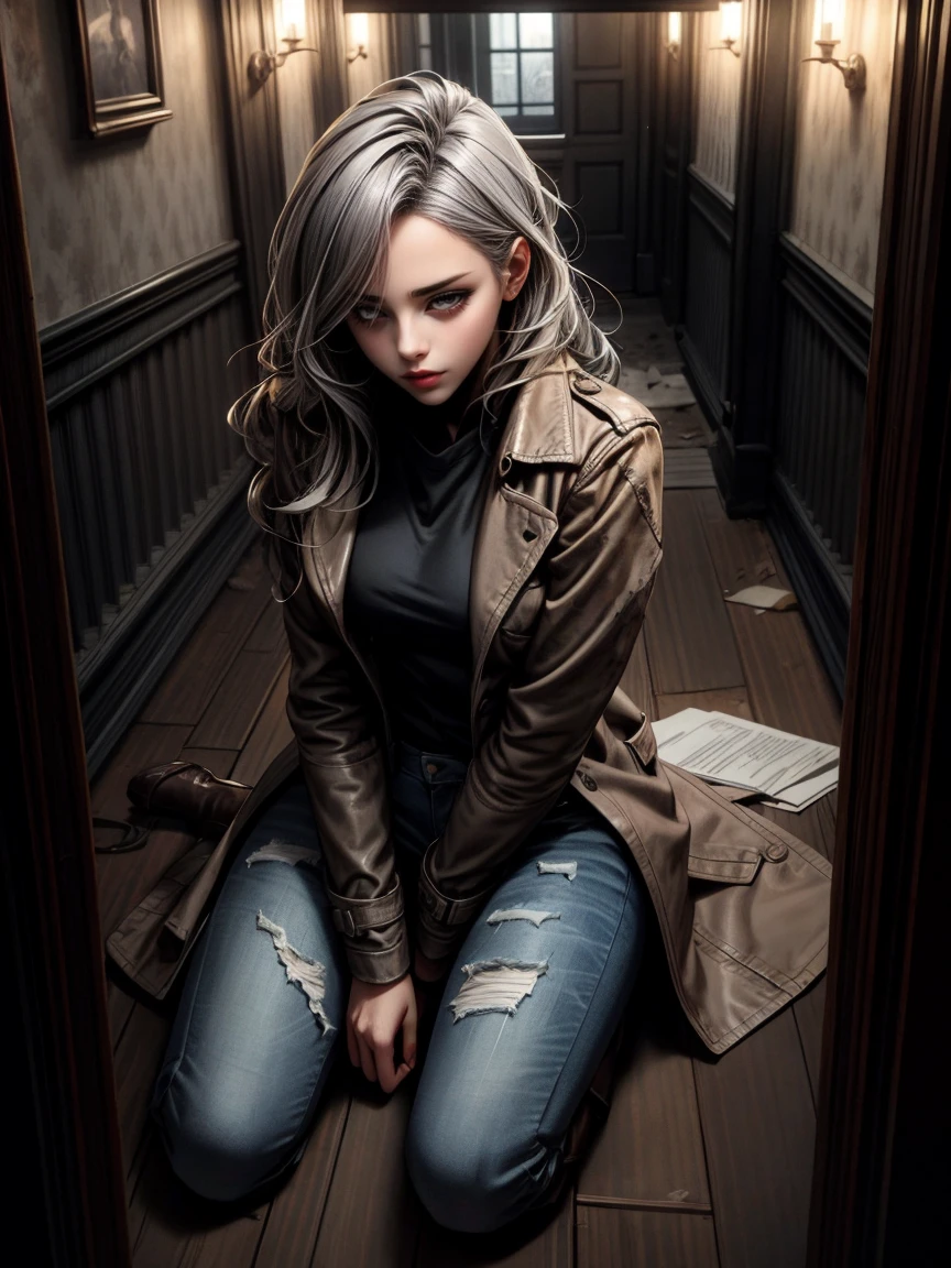 (Suspense Scene ((Concept Art)), Highly detailed image of a girl in jeans and a brown coat and boots), (Better lighting, Better Shadows, Very delicate and scary), (Digital Illustration), ((4K Painting)), [(Dynamic Angle,((One girl)),Gray Hair, (Beautiful Face, Perfect Face, Scared,) Expressions of fear, Torn clothes, Holding a gun in your hand, Sitting on the floor, darkness, Scary House),  [:(dark, mysterious, Game Paint, An ominous setting, Jagged Hallway, Big House, silence):]