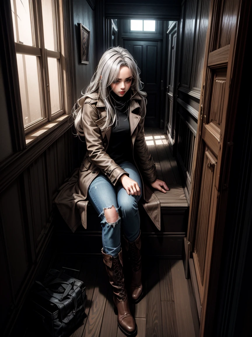 (Suspense Scene ((Concept Art)), Highly detailed image of a girl in jeans and a brown coat and boots), (Better lighting, Better Shadows, Very delicate and scary), (Digital Illustration), ((4K Painting)), [(Dynamic Angle,((One girl)),Gray Hair, (Beautiful Face, Perfect Face, Scared,) Expressions of fear, Torn clothes, Holding a gun in your hand, Sitting on the floor, darkness, Scary House),  [:(dark, mysterious, Game Paint, An ominous setting, Jagged Hallway, Big House, silence):]