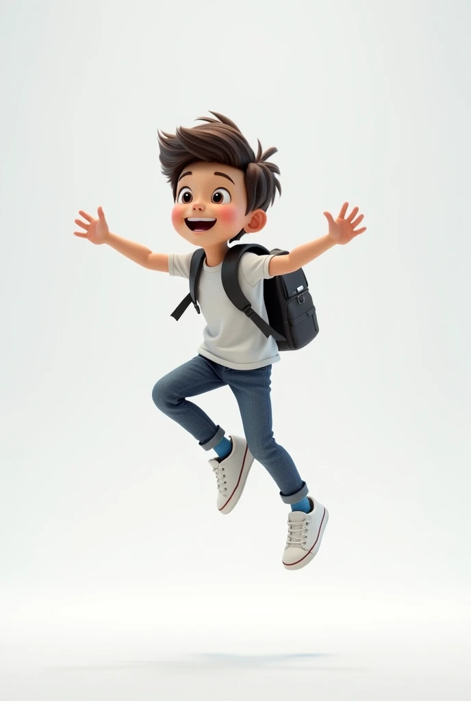 Ai boy with school bag Jumping with white background
