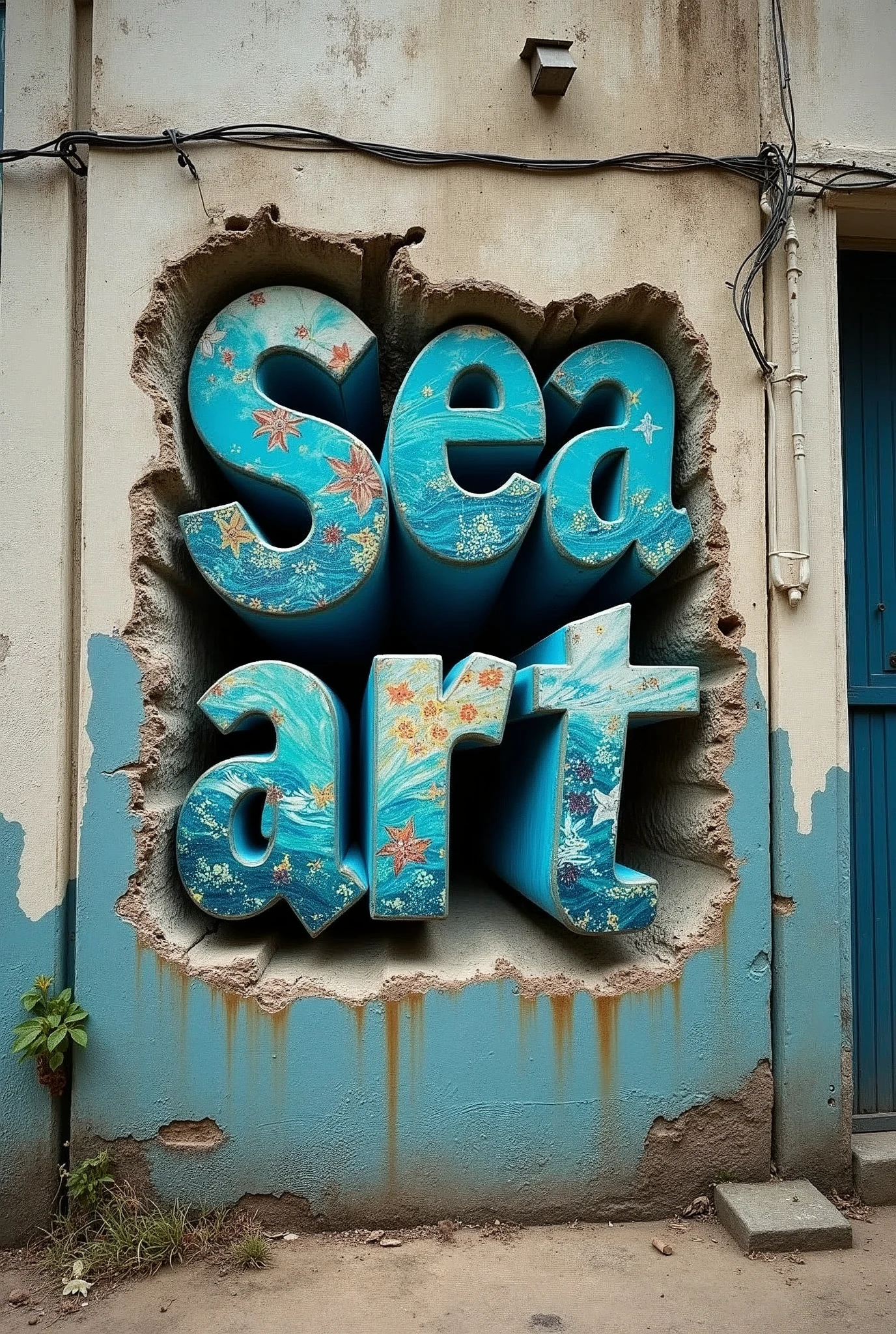 A poster on a deserted exterior wall, Cut into the shape of letters, (text:"sea art") The word, Big Bold, Draw inside the cutout, BREAK Art that inspires creators to create images, An aesthetic world that unfolds behind the characters, Add text to the bottom of the screen, (text:"Break down the walls of creativity!")