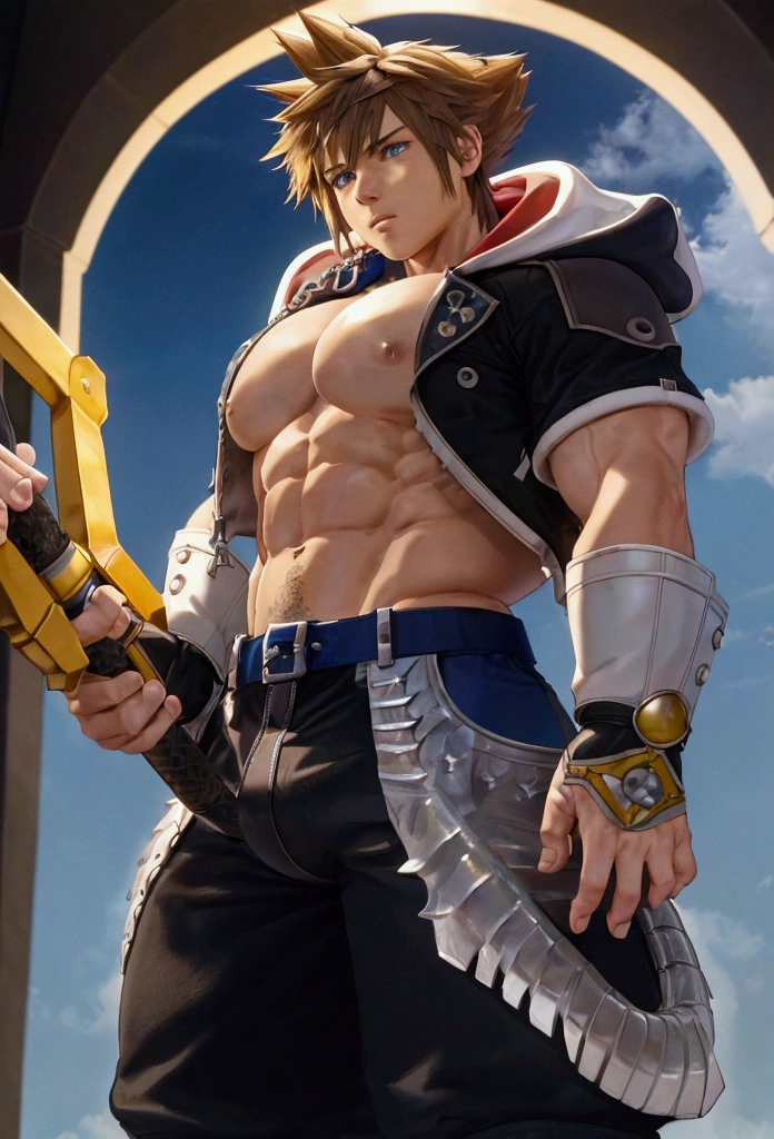 (masterpiece, Highest quality:1.2), Cowboy Shot, alone, Men&#39;s Center, One boy, sky \(Kingdom hearts\),Muscular body, Hall々A muscular body, Hall々A clean-cut appearance, Muscular arms, Muscular legs, only a main part, Trapezoidal fuselage, Rugged body, Muscular body, Round and fleshy pectoral muscles, Defined Abs, Defined Weapons, defined legs, Flex your muscles and laugh, View your viewers, Arms crossed, Hooded jacket, Huge penis popping out of shorts