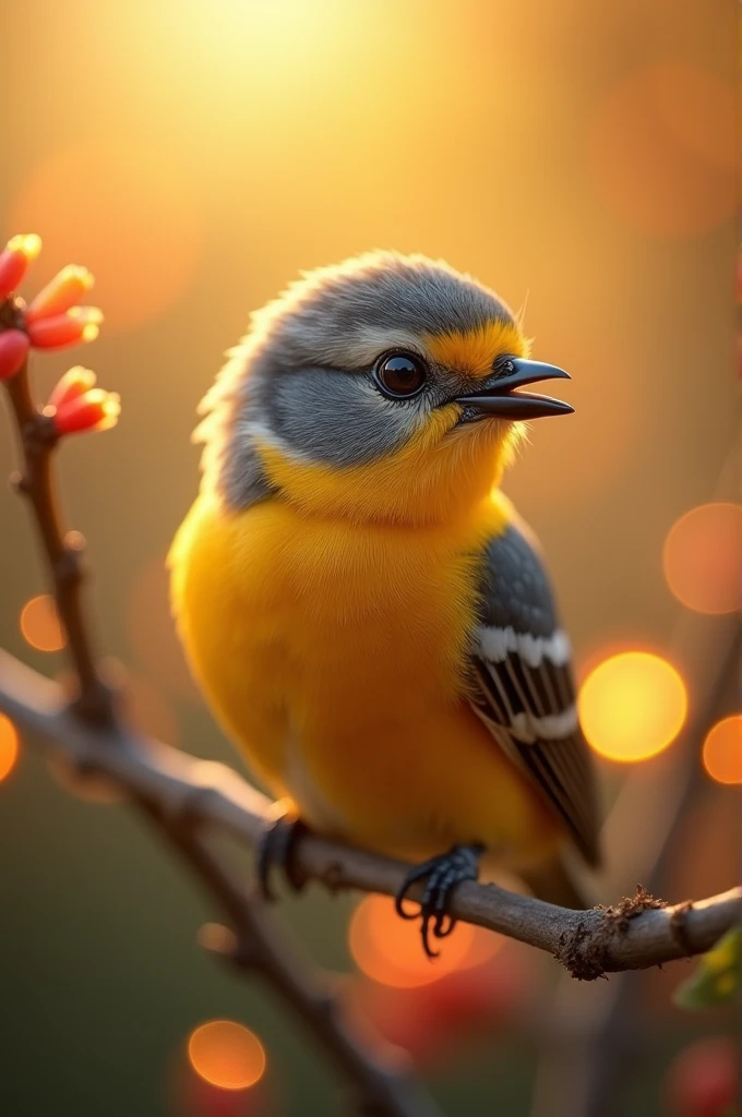 A mesmerizing close-up portrait of a gorgeous little bird illuminated by the soft, golden light of a tranquil morning, with vibrant bokeh balls gently framing its delicate form.