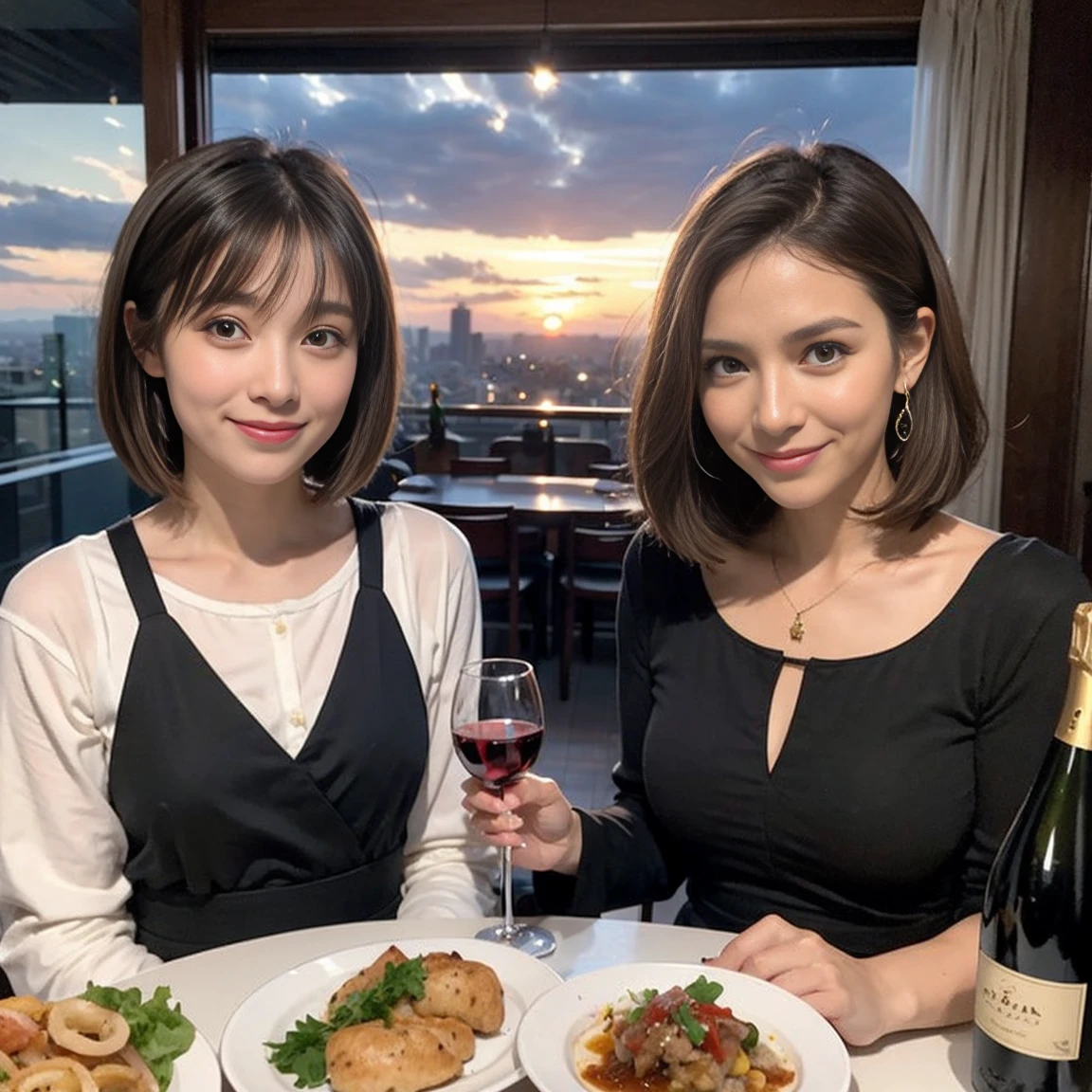 (Realistic:1.1),(masterpiece,Highest quality),8k,(49 years old), 53 years old, ベリーslimボディ、slimカップル、Tight waist,Upper Body,full-course dinner、wine 、Amazing view of the sunset sky and clouds、Perfect Anatomy, Brown Hair, short hair,Random Hairstyles,((Highly detailed face and eyes:1.2)),Perfect golden ratio face,Long sleeve shirt、dress,(smile:1.2)、Shortcuts、cute、(Realistic, Intricate details:1.2), A bright smile、short hair,Bright Face、赤wine 、Appetizers、Italian food、wine bottle、Champagne、スパークリングwine、(slimな顔), (The body is slim), (Brown Hair), (Shortcuts), Upper Body, 白wine, slim, wineグラス,