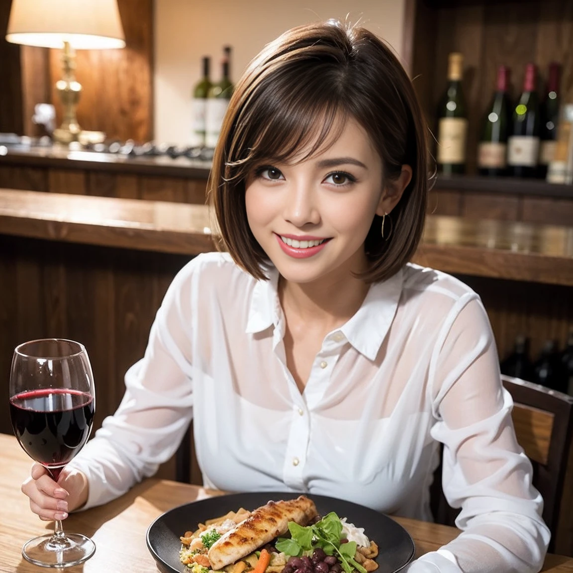 （Realistic:1.1）,(masterpiece,Highest quality)，8k,(49 years old), 53 years old, ベリーslimボディ、slimカップル、Tight waist,Upper Body,full-course dinner、wine 、Amazing view of the sunset sky and clouds、Perfect Anatomy, Brown Hair, short hair,Random Hairstyles,((Highly detailed face and eyes:1.2))，Perfect golden ratio face，Long sleeve shirt、dress,(smile:1.2)、Shortcuts、cute、(Realistic, Intricate details:1.2), A bright smile、short hair,Bright Face、赤wine 、Appetizers、Italian food、wine bottle、Champagne、スパークリングwine、(slimな顔), (The body is slim), (Brown Hair), (Shortcuts),  Upper Body, 白wine, slim, wineグラス, 