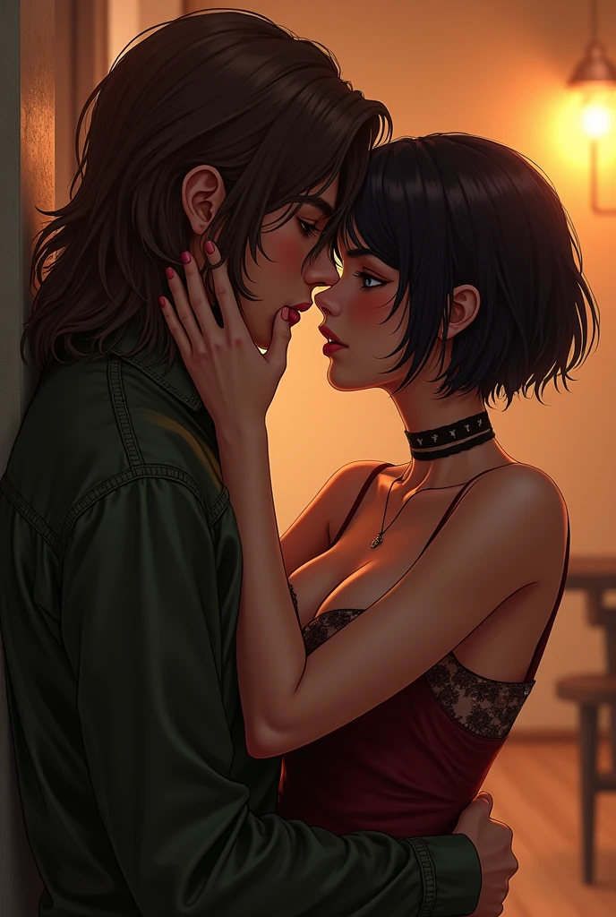 a girl with really short, dark brown hair. which is not longer than the beginning of her neck. she has a rebellious vibe. she’s kissing with a sweet boy, who has brown and very long straight hair. they are in love. she’s touching him. make it look very intimate and realistic