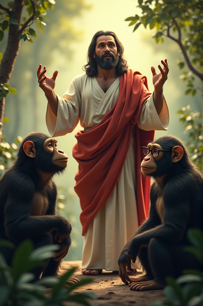 Jesus spreading wisdome to 3 monkey , monkey number 1 is a bodybuilder monkey , monkey number 2 is black , and monkey number 3 is a nerd monkey
