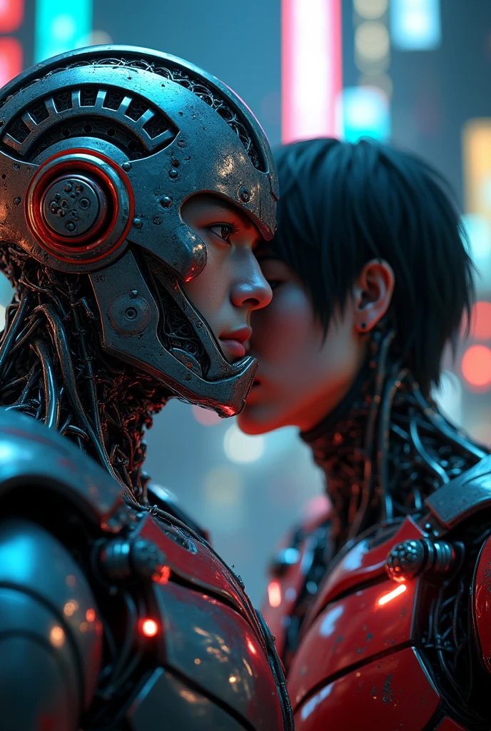 1man and 1robot, Kenma Kozume and Optimus Prime, highly detailed portrait, cyberpunk, sci-fi, dramatic lighting, epic, 8k, hyper realistic, photorealistic, masterpiece, extremely detailed face and eyes, beautiful intricate metallic details, dramatic pose, moody atmosphere, neon city background, dynamic composition