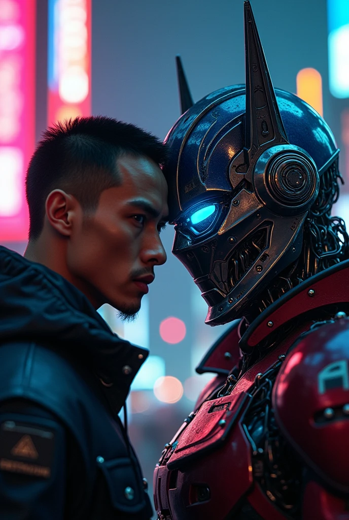 1man and 1robot, Kenma Kozume and Optimus Prime, highly detailed portrait, cyberpunk, sci-fi, dramatic lighting, epic, 8k, hyper realistic, photorealistic, masterpiece, extremely detailed face and eyes, beautiful intricate metallic details, dramatic pose, moody atmosphere, neon city background, dynamic composition