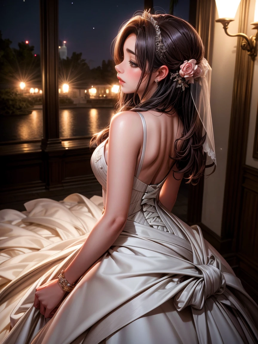 (Highest quality, High resolution, masterpiece:1.2,), figure, night, One girl, whole body, (Wedding dress), Put your arms behind your back, Wait for a kiss, View your viewers, Happy, blush,