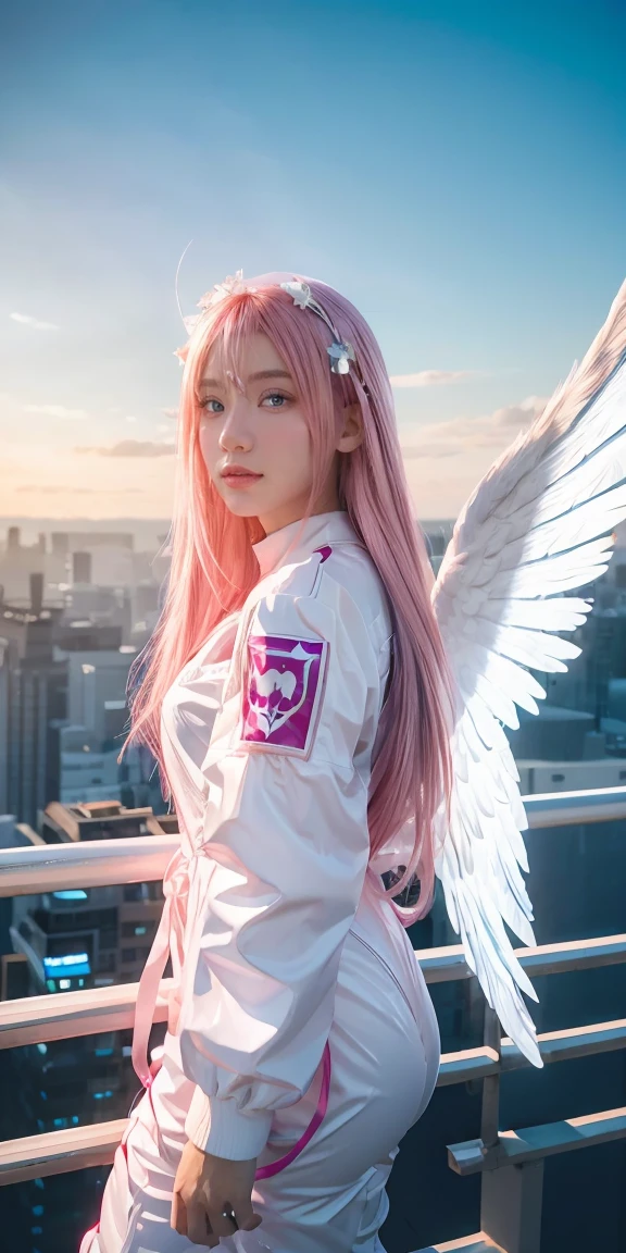 ((masterpiece, best quality, extremely detailed), volumetric lighting, ambient occlusion, colorful, glowing), 
1girl, solo, young girl, (pink hair), long hair, halo, aura, sacred, godness, cyber suit, (white outfit:1.3), android, bot, angel wings,
outdoors, sunset, sky, clouds, space, (cyberpunk theme:1.2),