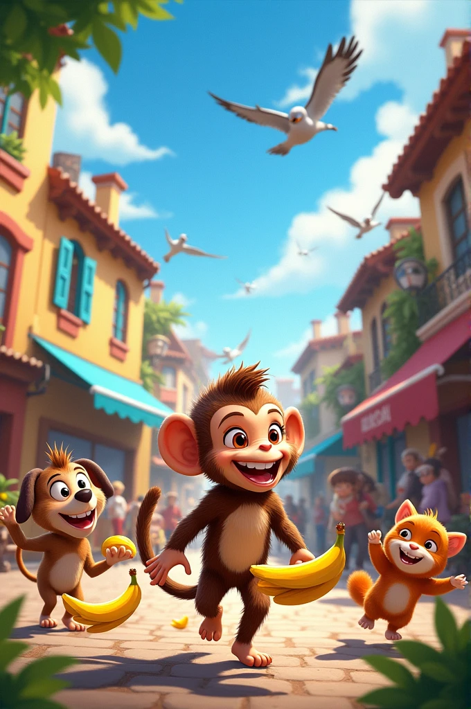 A joyful scene in the town square, with Max the monkey and his animal friends playing pranks and sharing bananas, under a bright blue sky."