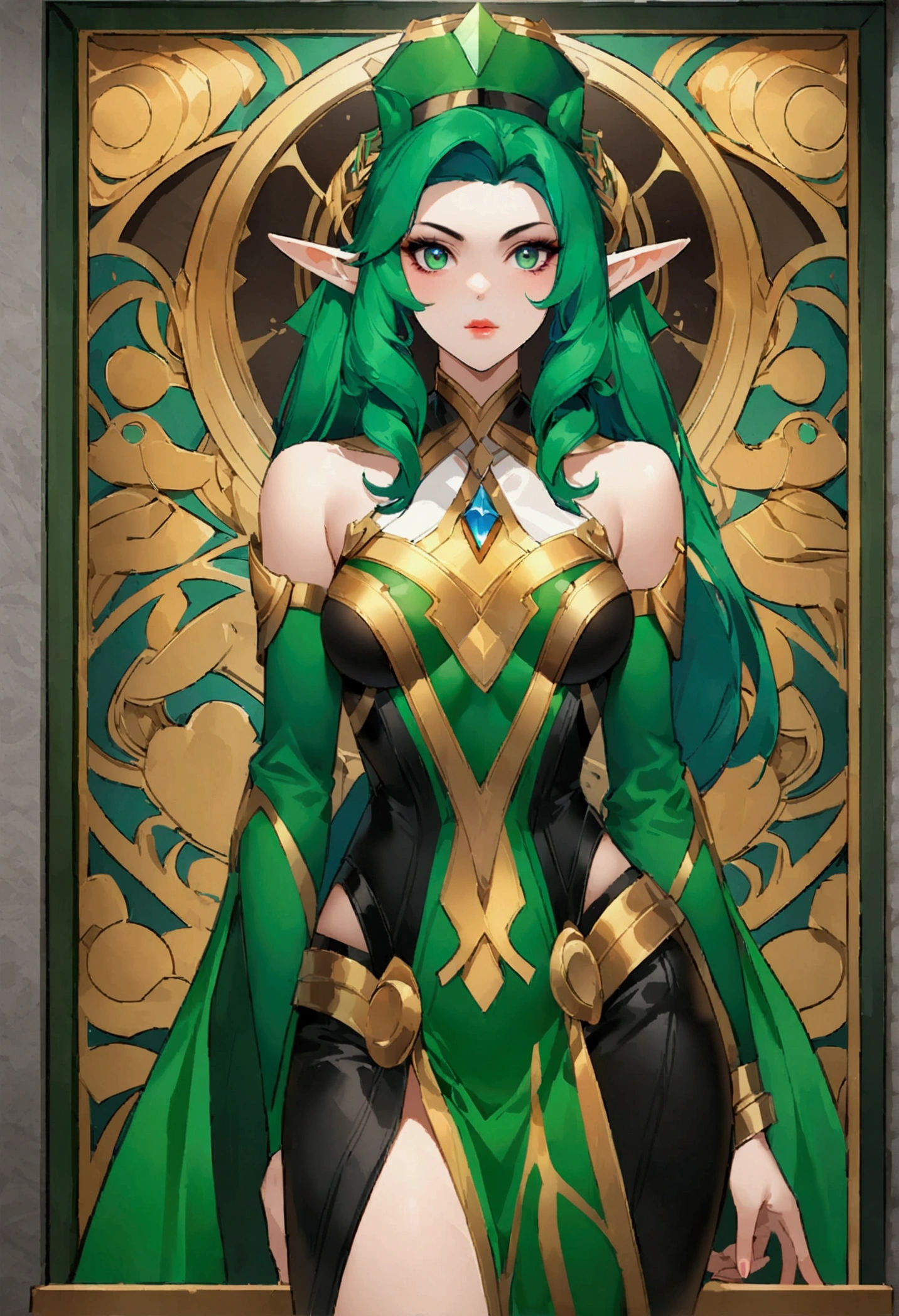 Master piece, girl with green hair and a green hat standing in a room, splash art, style artgerm, elf girl, range murata and artgerm, artgerm lau, vivy, style of artgerm, style league of legends, ruan jia and artgerm, artgerm style, ! dream artgerm