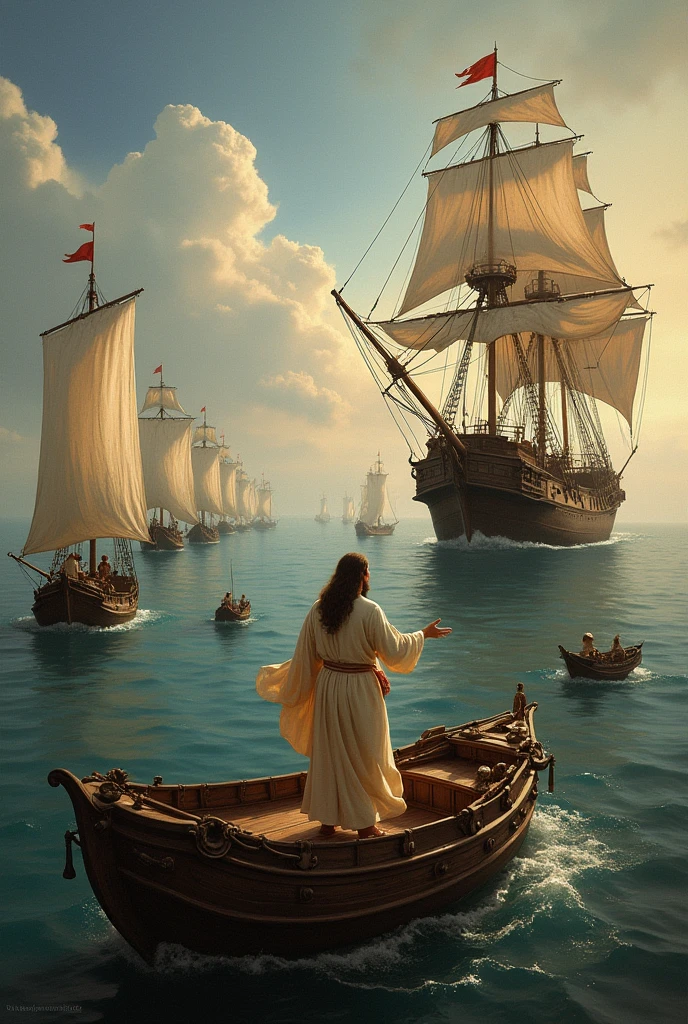 Jesus call all small sailing ship to big navy ship and stand on big ship