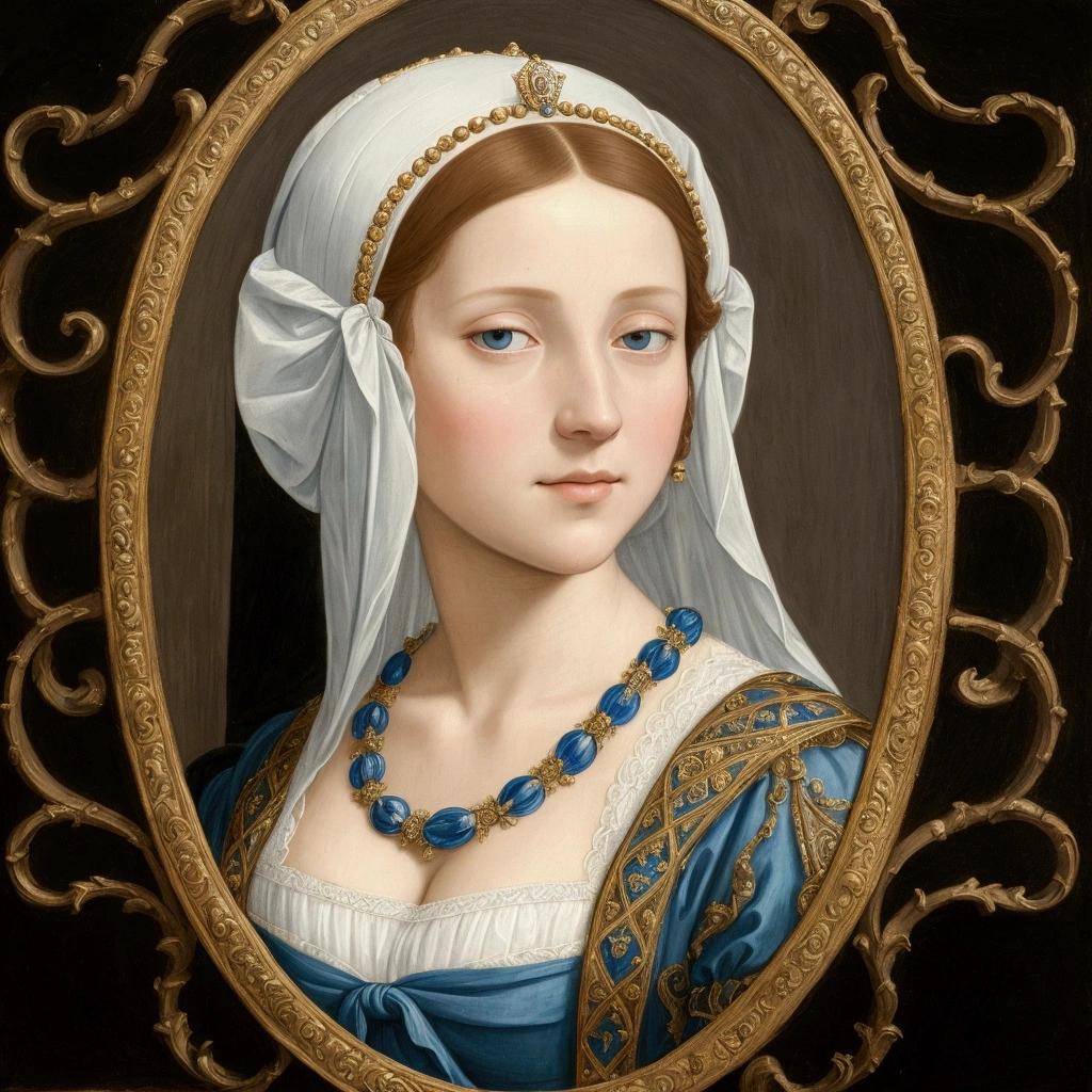a close up of a painting of a woman wearing a blue dress, in a high renaissance style, renaissance portrait, in a renaissance style, realistic renaissance portrait, in renaissance style, inspired by Hans Holbein the Elder, inspired by Hans Holbein the Younger, portrait painting of a princess, renaissance oil portrait, portrait of a princess, renaissance style painting, portrait of princess