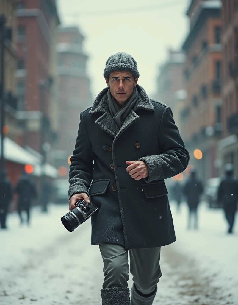 A want a journalist with a vintage camera on his hand running in a snow old city. The man is in the med of 30s. The time of the character is in the 1900s.