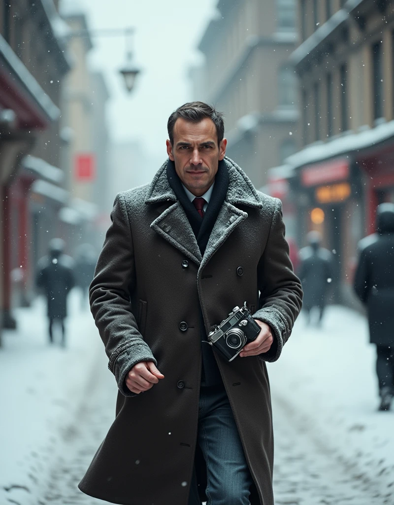 A want a journalist with a vintage camera on his hand running in a snow old city. The man is in the med of 30s. The time of the character is in the 1900s.