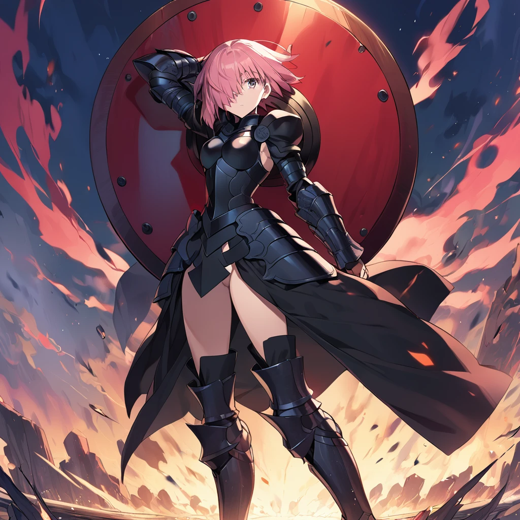 1girl(fate grand order, mash, hiding one eye to hair, pink short hair, black armor, arms sleeves, long armored boots, big round shield)