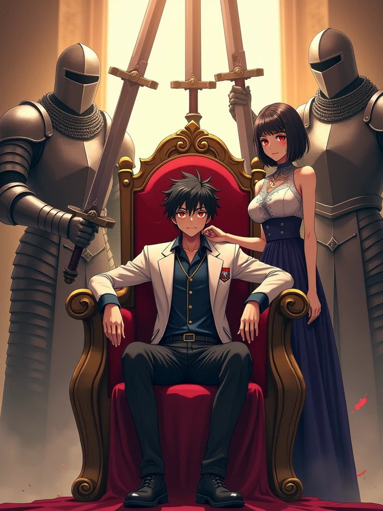 A teenage boy slouching back on the throne with wide spread legs and sitting like a king and with an arrogant attitude he has black hair and red glowing eyes wearing a school uniform and a white blazer with logo and a mature woman wearing a luxurious mediaeval dress stands next to him touching his shoulder as the center piece, Giant full armoured dead knights surrounds the throne and raise their giant swords above the throne and connecting, dreamy and ethereal, golden hour,high quality,anime, use animagine XL 3.1 model,