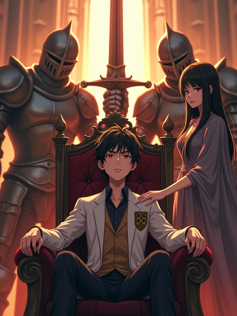A teenage boy slouching back on the throne with wide spread legs and sitting like a king and with an arrogant attitude he has black hair and red glowing eyes wearing a school uniform and a white blazer with logo and a mature woman wearing a luxurious mediaeval dress stands next to him touching his shoulder as the center piece,  Giant full armoured dead knights surrounds the throne and  raise their giant swords above the throne and connecting, dreamy and ethereal, golden hour,high quality,anime, use animagine XL 3.1 model,