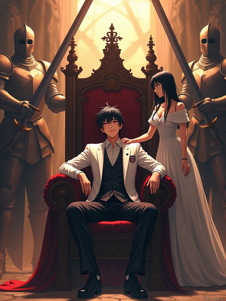 A teenage boy slouching back on the throne with wide spread legs and sitting like a king and with an arrogant attitude he has black hair and red glowing eyes wearing a school uniform and a white blazer with logo and a mature woman wearing a luxurious mediaeval dress stands next to him touching his shoulder as the center piece,  Giant full armoured dead knights surrounds the throne and  raise their giant swords above the throne and connecting, dreamy and ethereal, golden hour,high quality,anime, use animagine XL 3.1 model,