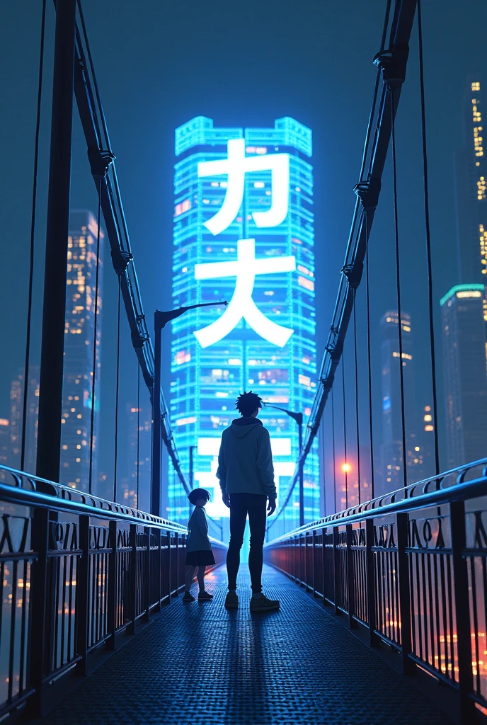 Create a book cover with anime style, a futuristic night city and a teenager standing on a metal bridge looking at girl looking at him on a 3d bright futuristic sign
