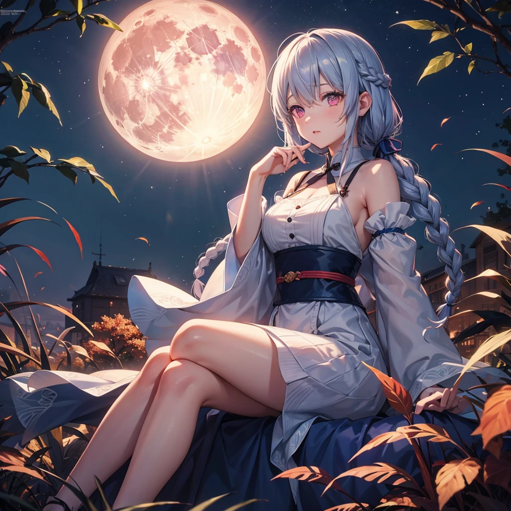 (Shiratama dumplings),(Sky blue braided medium length hair), (Pink eyes),(Fair skin) ,(whole body),(One Girl),(harvest moon),(A large amount of Miscanthus sinensis in the background),autumn,(full moon),(masterpiece, Highest quality, Very detailed, Best Shadow), (Detailed Background), (Beautifully detailed face), High Contrast, (Best lighting, Very delicate and beautiful), ((Cinematic Light)), Hyper Detail,8k, Dramatic Light, Intricate details