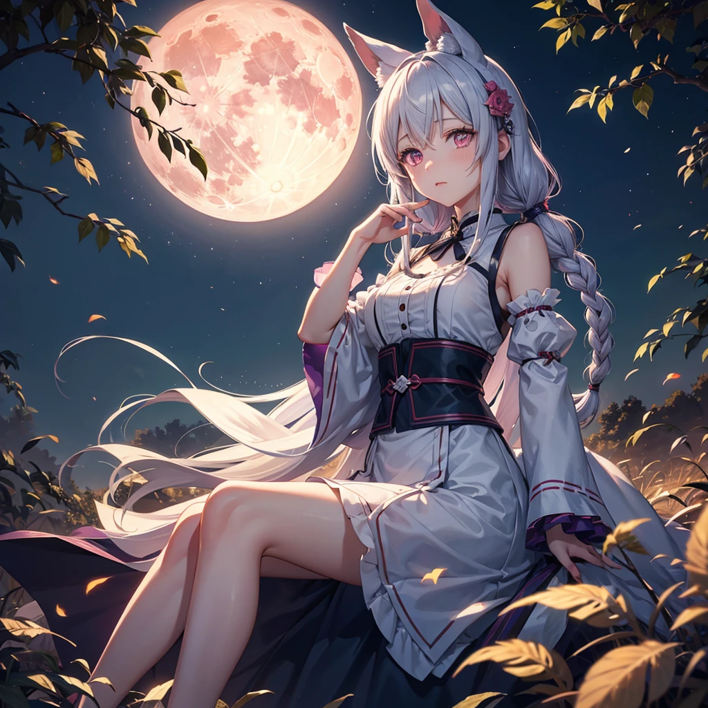 (Shiratama dumplings),(Sky blue braided medium length hair), (Pink eyes),(Fair skin)  ,(whole body),(One Girl),(harvest moon),(A large amount of Miscanthus sinensis in the background),autumn,(full moon),(masterpiece, Highest quality, Very detailed, Best Shadow), (Detailed Background), (Beautifully detailed face), High Contrast, (Best lighting, Very delicate and beautiful), ((Cinematic Light)), Hyper Detail,8k, Dramatic Light, Intricate details
