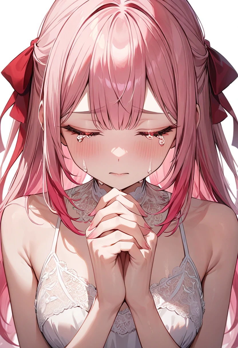 (masterpiece, top quality, very aesthetic, 4k、illustration), intricate detail, 1woman,solo,contrapposto 、Strong glowing eyes、,(upper body)、、(Shedding red tears:1.3),beautiful face、closed eyes、clear face、straight hair、(fluorescence pink gradient hair)、own hands clasped、multicolored hair,hair ribbon,middle hair,sidelock ,レッド eyes、white lace camisole Dresses、small breasts、Slim 、white background