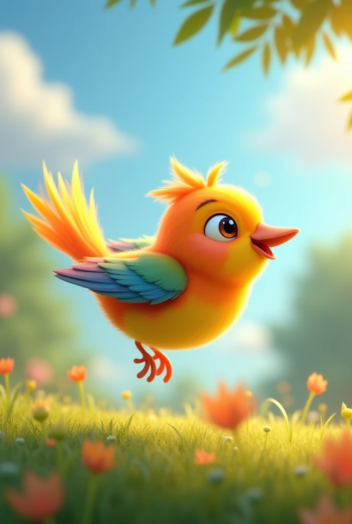 3D animation "**Foreground**: A small, cheerful bird named Chhirp, flying with a happy expression."
