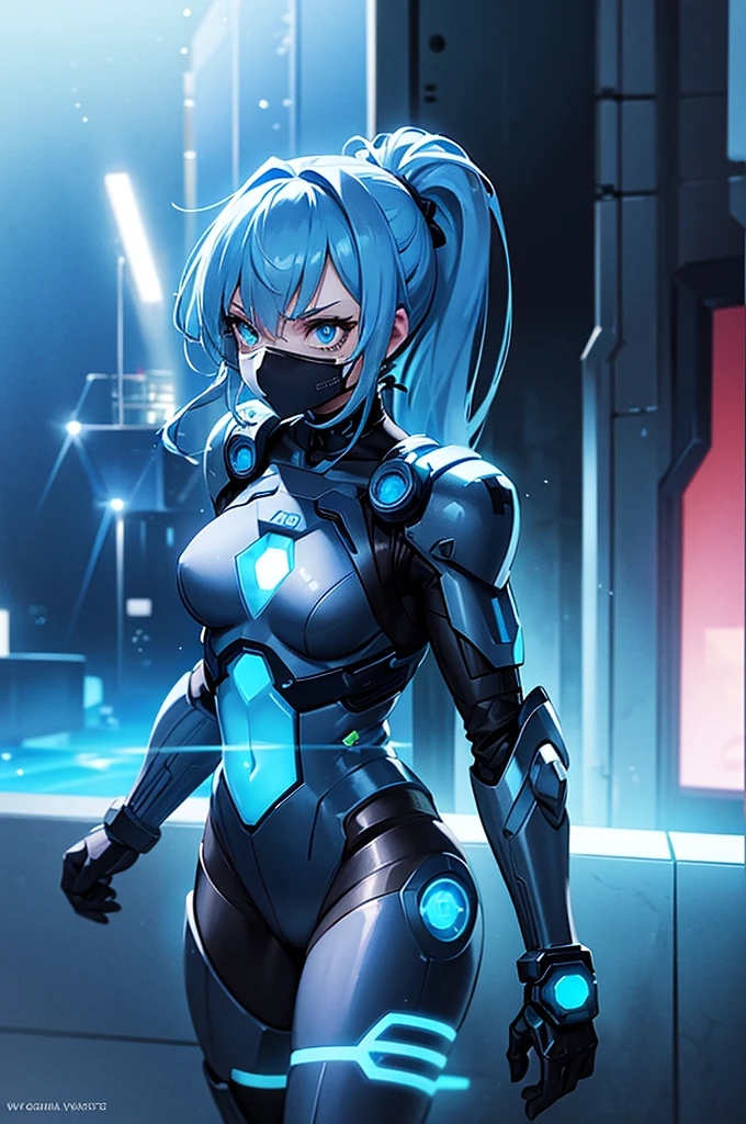 cyborg warrior girl flat horizon photo, Girl android , she has long light blue hair, hair tied up in a ponytail, she has a mask on her face, a respirator, a woman with sexy hips, incredibly beautiful blue eyes and a gas mask on her face, half cyborg, technological modifications. Cool girl, Beautiful face, pretty face, look at the camera, blue metal cybernetic android robot body, Large, wide hips, suit with blue indicator lines with many blue details, blue colour corset, blue glowing lines on clothing details, pretty face with detailed elaboration, long eyelashes and expressive blue eyes, cybernetic armor with a blue glow from under the joints and joints, she has blue eyes , frame with a flat horizon, Anime Style design, blue Lasers, blue smoke fountain on background Cyberpunk style, high image detail, 4k quality, the camera films Her from below, lower angle of photography, image of a night and blue neon lights, blue lamps, blue lighting, blue glare