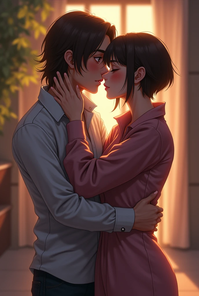 a girl with really short, dark brown hair. which is not longer than the beginning of her neck. she has a rebellious vibe. she’s kissing with a sweet boy, who has brown and very long straight hair. they are in love. she’s touching him. make it look very intimate 