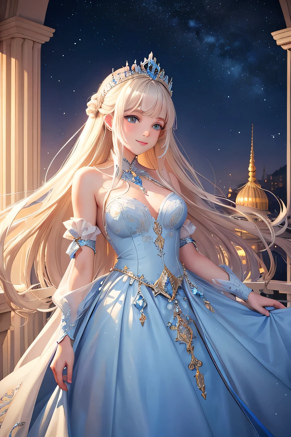 A beautiful white princess with long blonde hair, wearing a flowing blue gown with intricate silver embroidery, stands on a grand palace balcony under the starry night sky. She smiles warmly and waves to the cheering crowd below. The moonlight bathes her in a soft glow, illuminating her golden hair and the silver details of her gown. Behind her, the palace is softly lit, creating a magical ambiance,(((Upper body)))