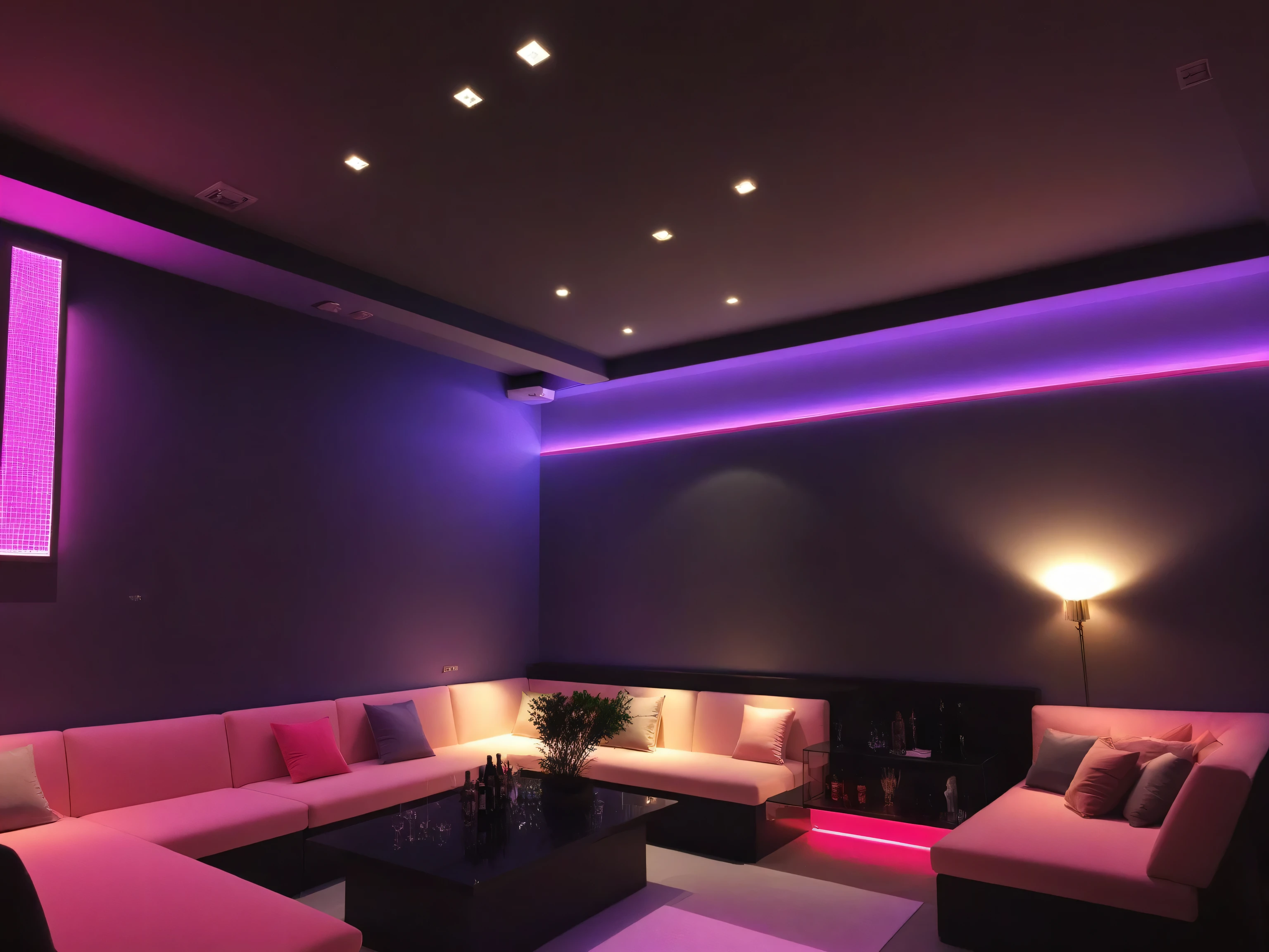 ((Private room), Dramatic lighting, masterpiece, high quality, 最high quality, Genuine, Super Detail , high quality, ceiling light , plant,No humans, . night, Very detailed, Neon lighting, screen, sofa, table,tableの上にウイスキーが置いてある