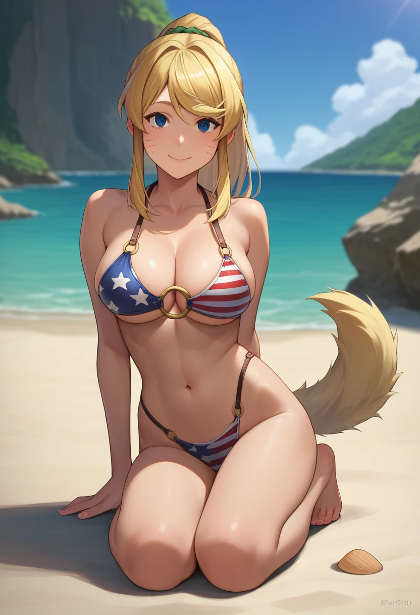 score_9, score_8_up, score_7_up, source_anime, solo, 1girl, pokanliru, dark skin, full body, whisker markings, happy, looking at viewer, hands behind back, ponytail, o-ring top, large breasts, (american flag bikini), wolf tail , beach background