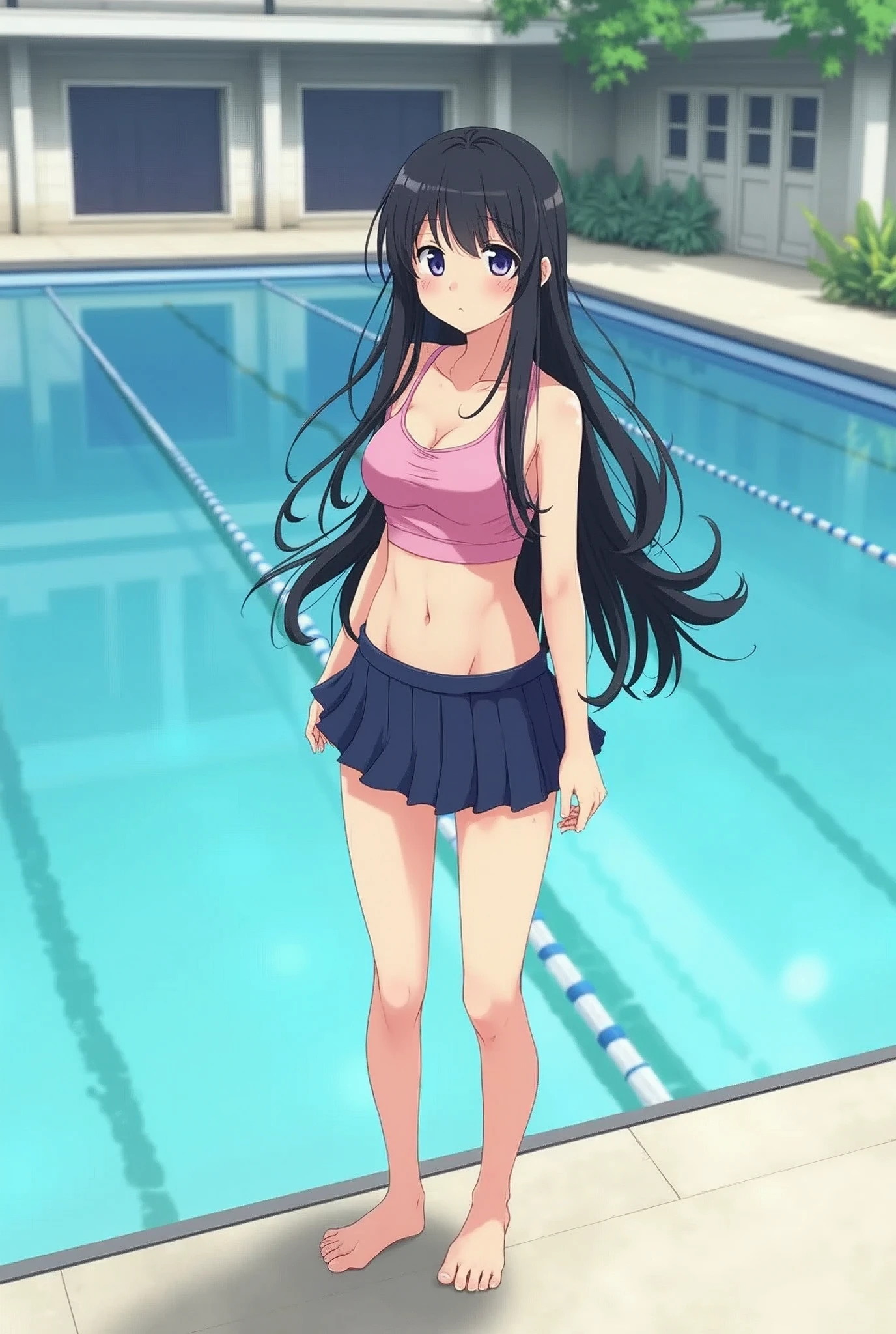 Standing by the pool at an empty school、High school girls、Long black hair、Swimwear、mini skirt、barefoot、Cute Face、Smiling、Full body portrait