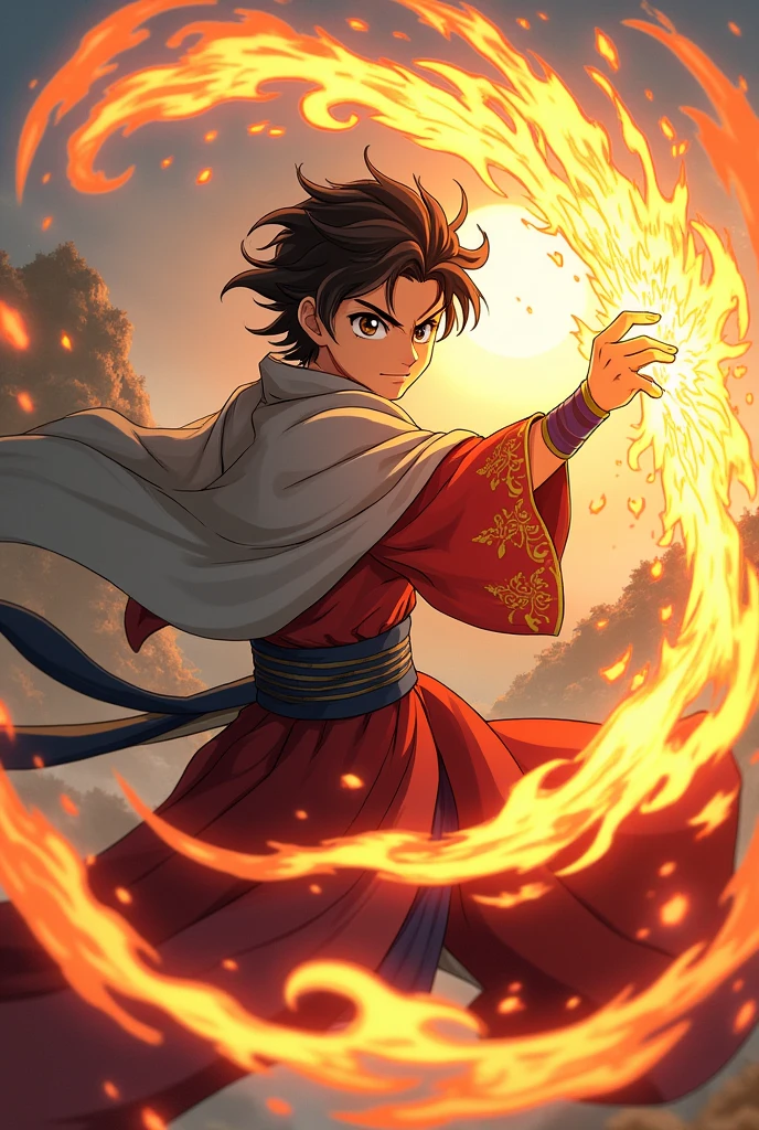 Generate an image of a character based on the anime kimetsu no yaiba, let it be a man,a young character,that has the lion's breath and a little fire and that has a haori.