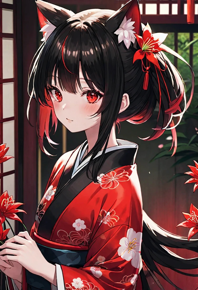 best quality, masterpiece,黑色的hair帶有紅色挑染, Red eyes,Red spider lily，Kimono Girl，Black red kimono，Hell Girl ,hair,White skin,special hairstyle，Cat ears hairstyle