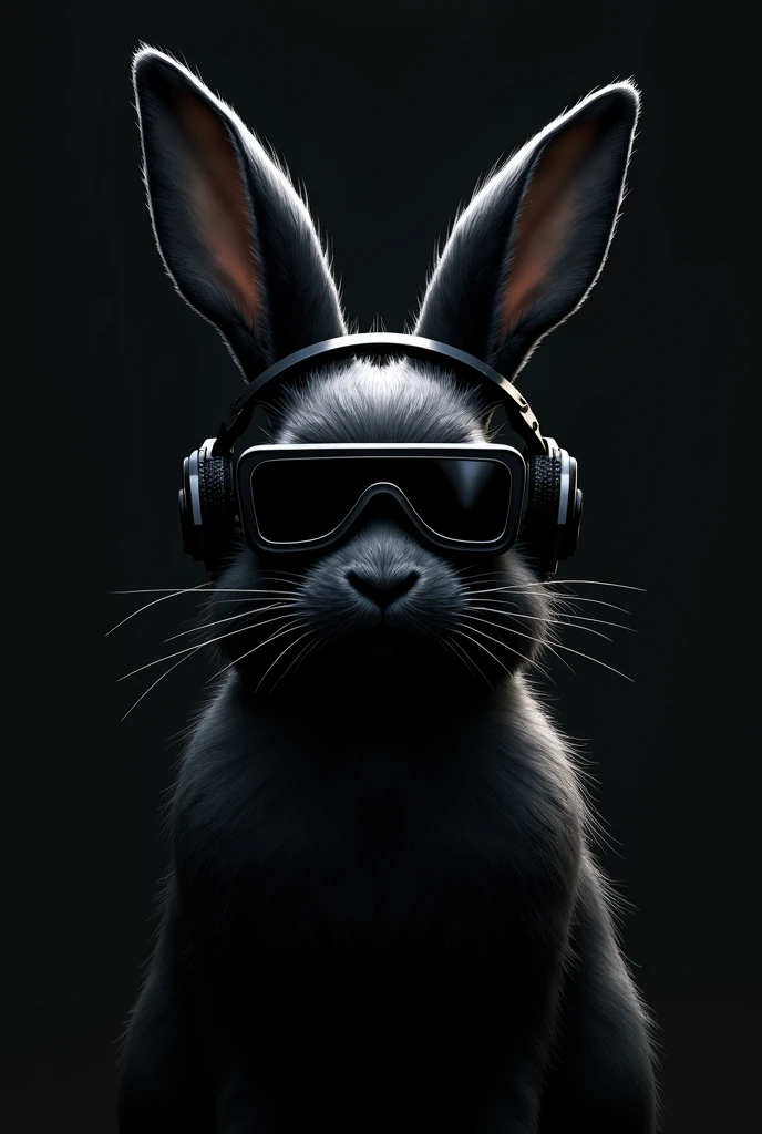 Give me wallpaper of black rabbit who is wearing a black goggles and a black headset in a black background looking like a hacker