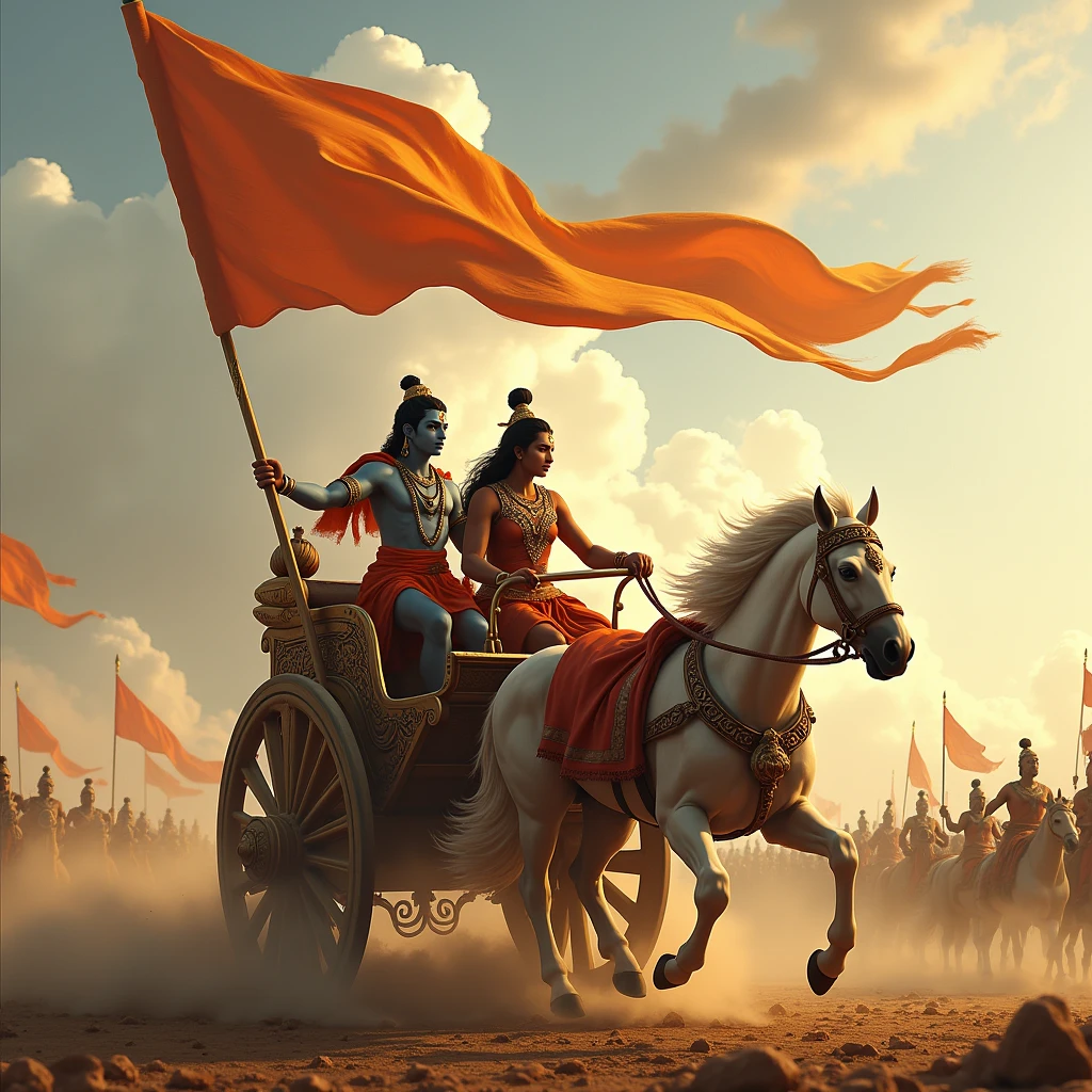 Depict a grand battlefield scene with Krishna and Arjuna in a magnificent chariot drawn by white horses. Highlight Krishna, who is driving the chariot with a focused and serene expression, while Arjuna stands prominently behind him. The chariot should be richly detailed, with a saffron flag flying high above it. Krishna and the chariot should be the focal points of the image, capturing the divine and heroic essence of this moment. Include the surrounding battlefield and distant warriors to convey the grandeur and significance of their readiness for battle.