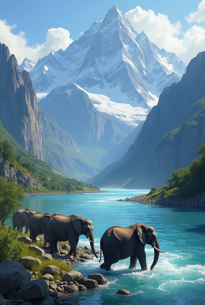 River from mountains with elephants