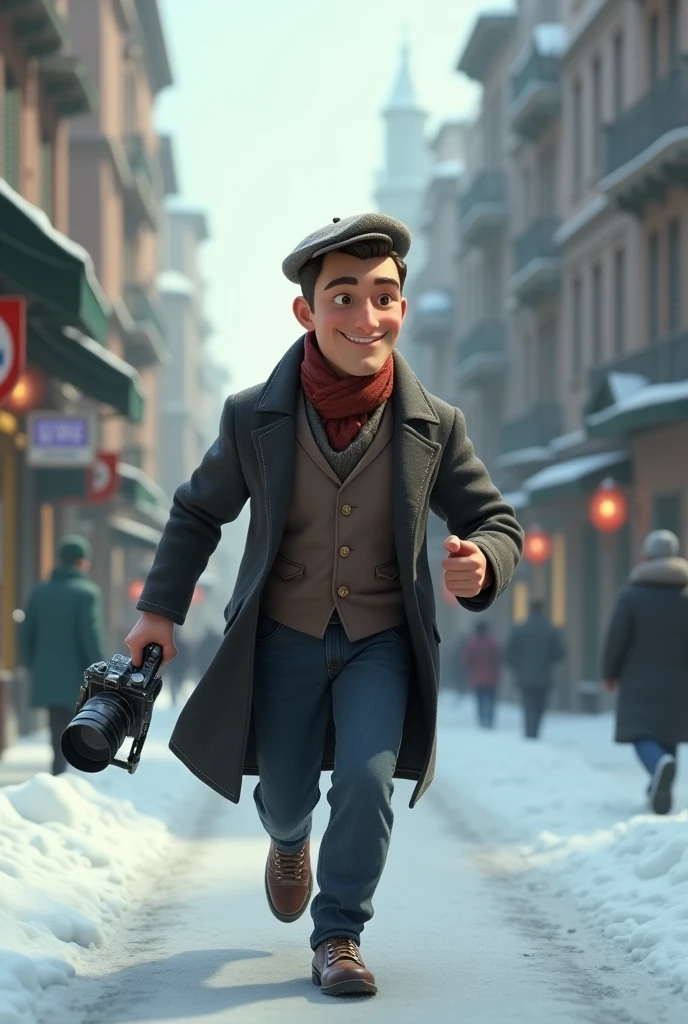 A want a journalist with a vintage camera on his hand running in a snow old city. The man is in the med of 30s. The time of the character is in the 1900s. The character is animation 3d Pixar and Disney style.